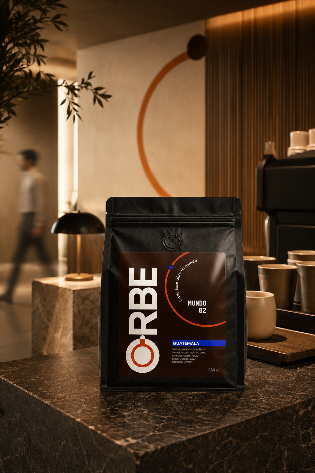 Mundo 02 Guatemala de 250 g en un espacio de café de tonos cálidos